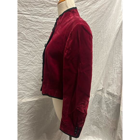 Vintage 1980s Jaeger Cherry Red Velvet Bellhop Tuxedo Style Jacket - Picture 2 of 6